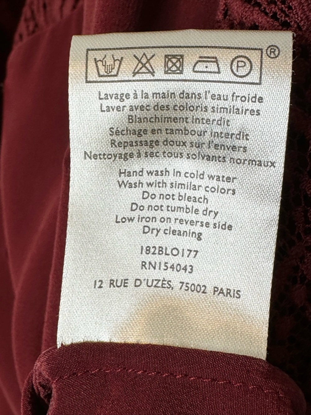 Sezane Margaret Bordeaux Red Silk Lace Sleeve Blouse Shirt Top - Picture 11 of 14